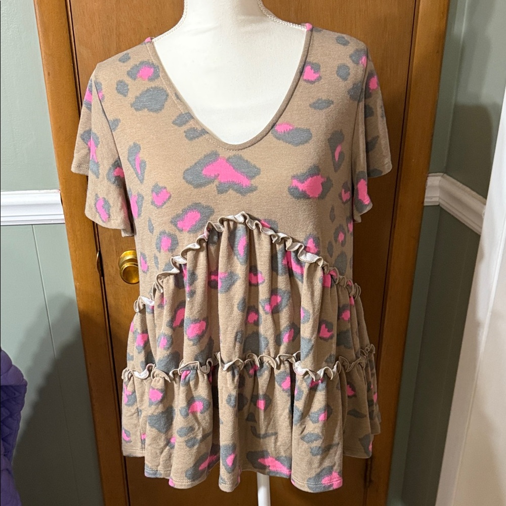 Bluivy Tan and Pink Ruffle Blouse